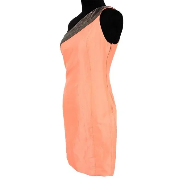 Gianni Versace One Shoulder Orange Metalic Paillette Trim Mini Dress 44 Medium - Picture 2 of 5